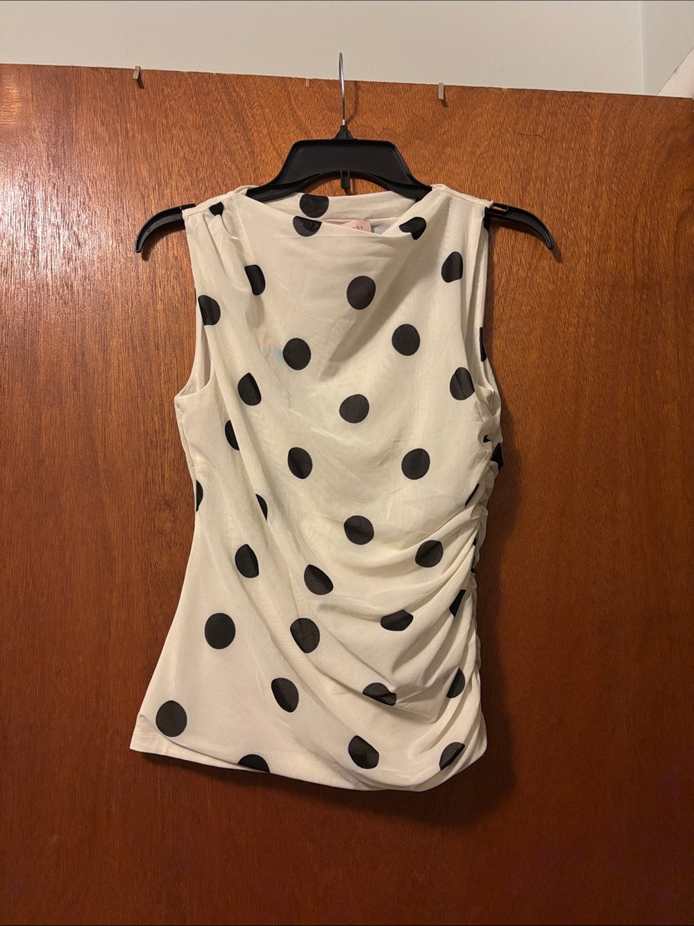 Sleeveless White Polka Dot Draped Top - Black Dot